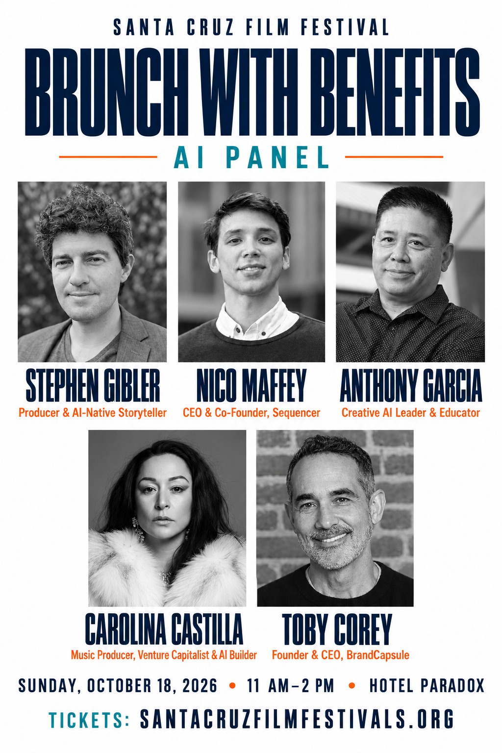 Santa Cruz Film Festival Brunch with Benefits AI panel graphic with Stephen Gibler, Nico Maffey, Anthony Garcia, Carolina Castilla and Toby Corey; October 18, 2026, Hotel Paradox