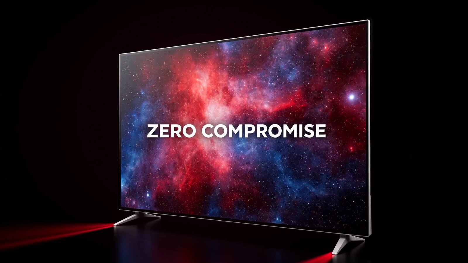 A spec motion graphics spot, a TV displaying a red and blue nebula with the line ZERO COMPROMISE, generated through Claude Fable 5 and OpenArt's MCP.