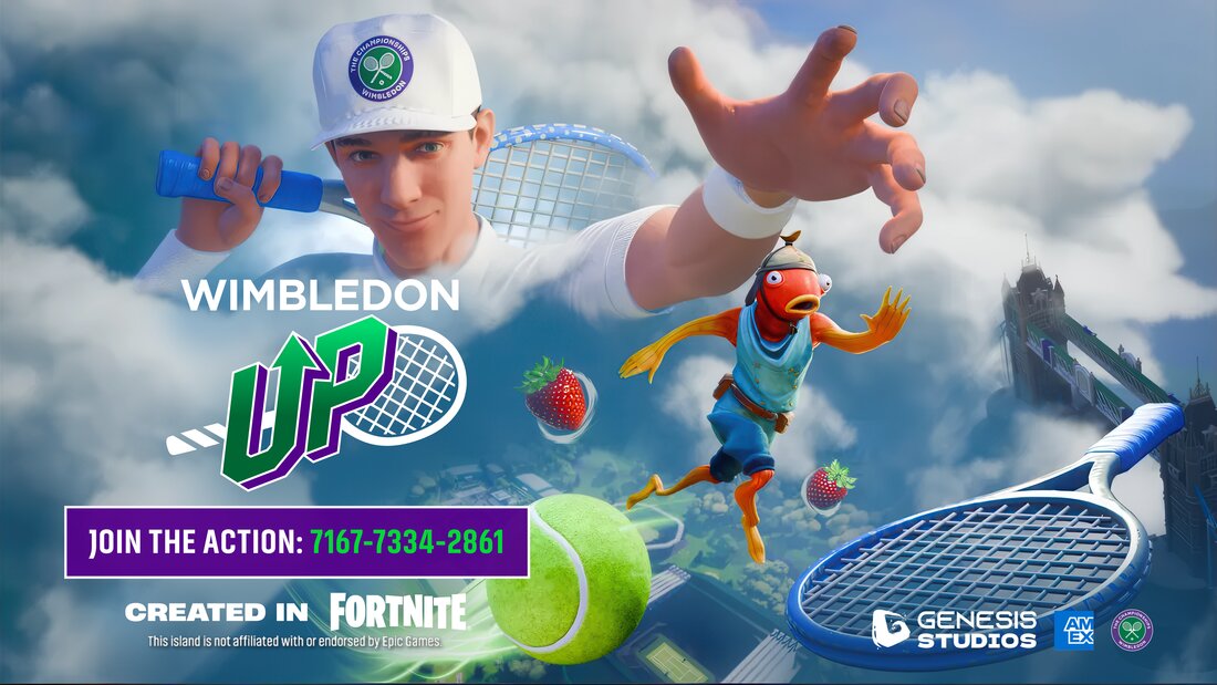 Wimbledon Up key art: a player serving above the clouds