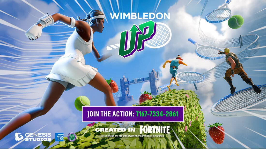 Wimbledon Up key art: climbing past giant rackets and strawberries